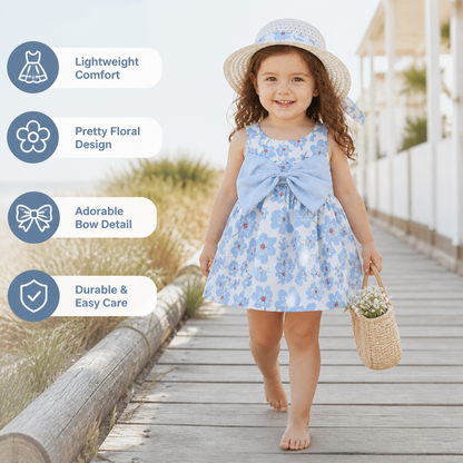 Korean Style 2-Piece Girls Dress Set – Floral Bow Strap Dress with Matching Hat