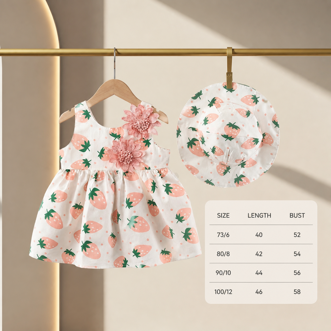 Summer 2-Piece Girls Dress Set – Sleeveless Strawberry Print Dress with Matching Hat
