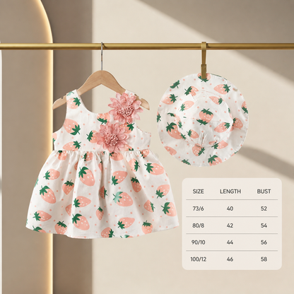 Summer 2-Piece Girls Dress Set – Sleeveless Strawberry Print Dress with Matching Hat