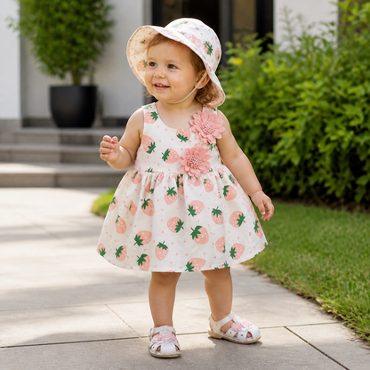 Summer 2-Piece Girls Dress Set – Sleeveless Strawberry Print Dress with Matching Hat