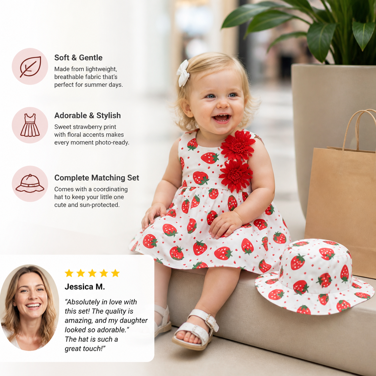 Summer 2-Piece Girls Dress Set – Sleeveless Strawberry Print Dress with Matching Hat