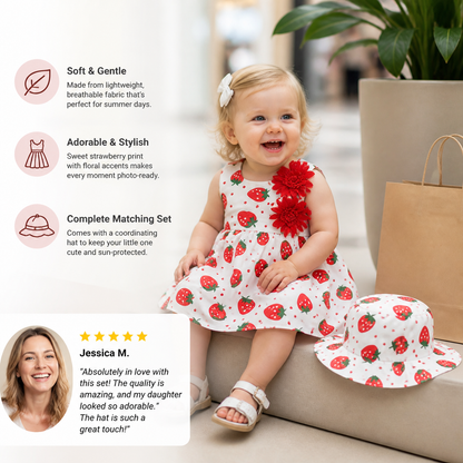 Summer 2-Piece Girls Dress Set – Sleeveless Strawberry Print Dress with Matching Hat