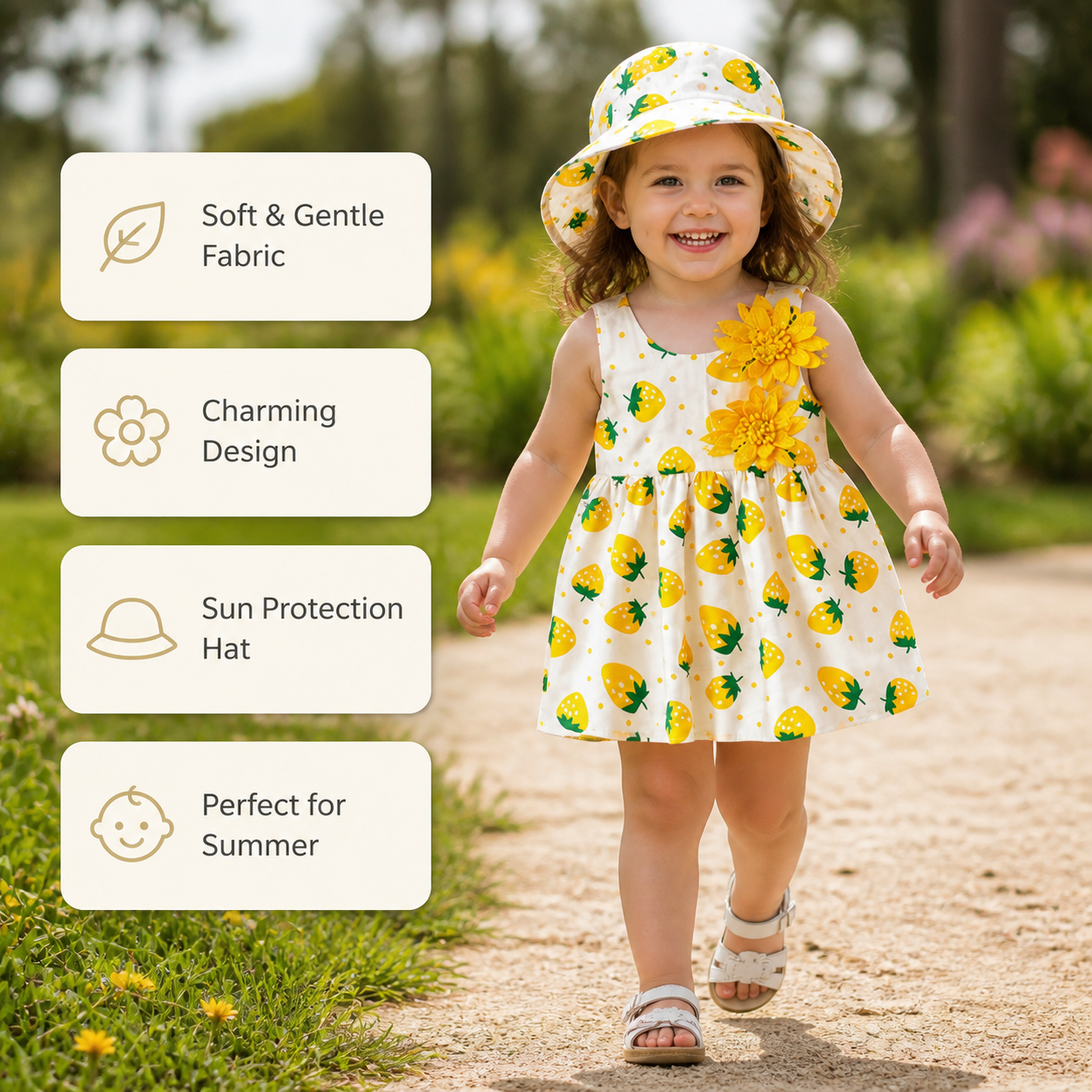 Summer 2-Piece Girls Dress Set – Sleeveless Strawberry Print Dress with Matching Hat
