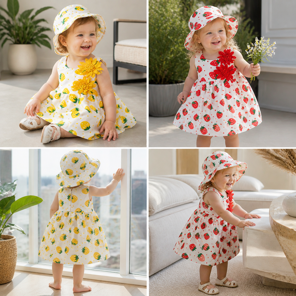 Summer 2-Piece Girls Dress Set – Sleeveless Strawberry Print Dress with Matching Hat