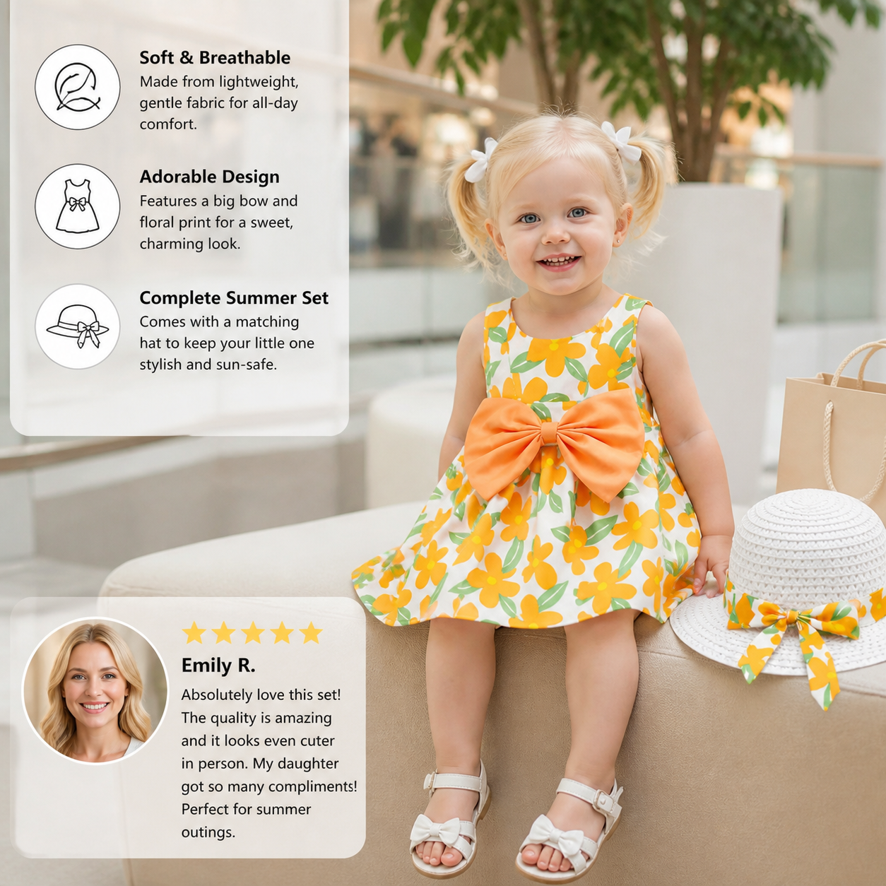 Summer Strap Dress Set for Babies & Toddlers – Sleeveless Bow Dress with Matching Hat