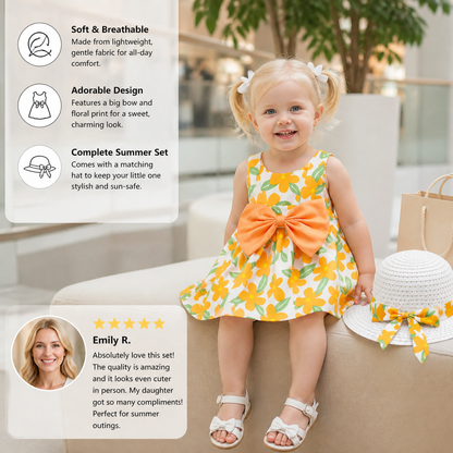Summer Strap Dress Set for Babies & Toddlers – Sleeveless Bow Dress with Matching Hat