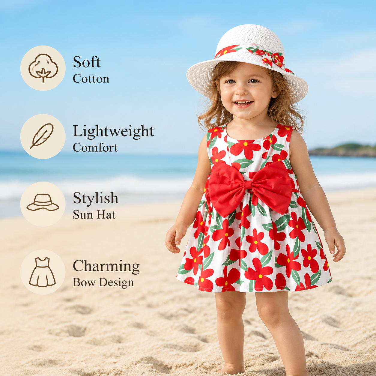 Summer Strap Dress Set for Babies & Toddlers – Sleeveless Bow Dress with Matching Hat