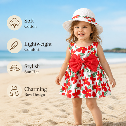 Summer Strap Dress Set for Babies & Toddlers – Sleeveless Bow Dress with Matching Hat