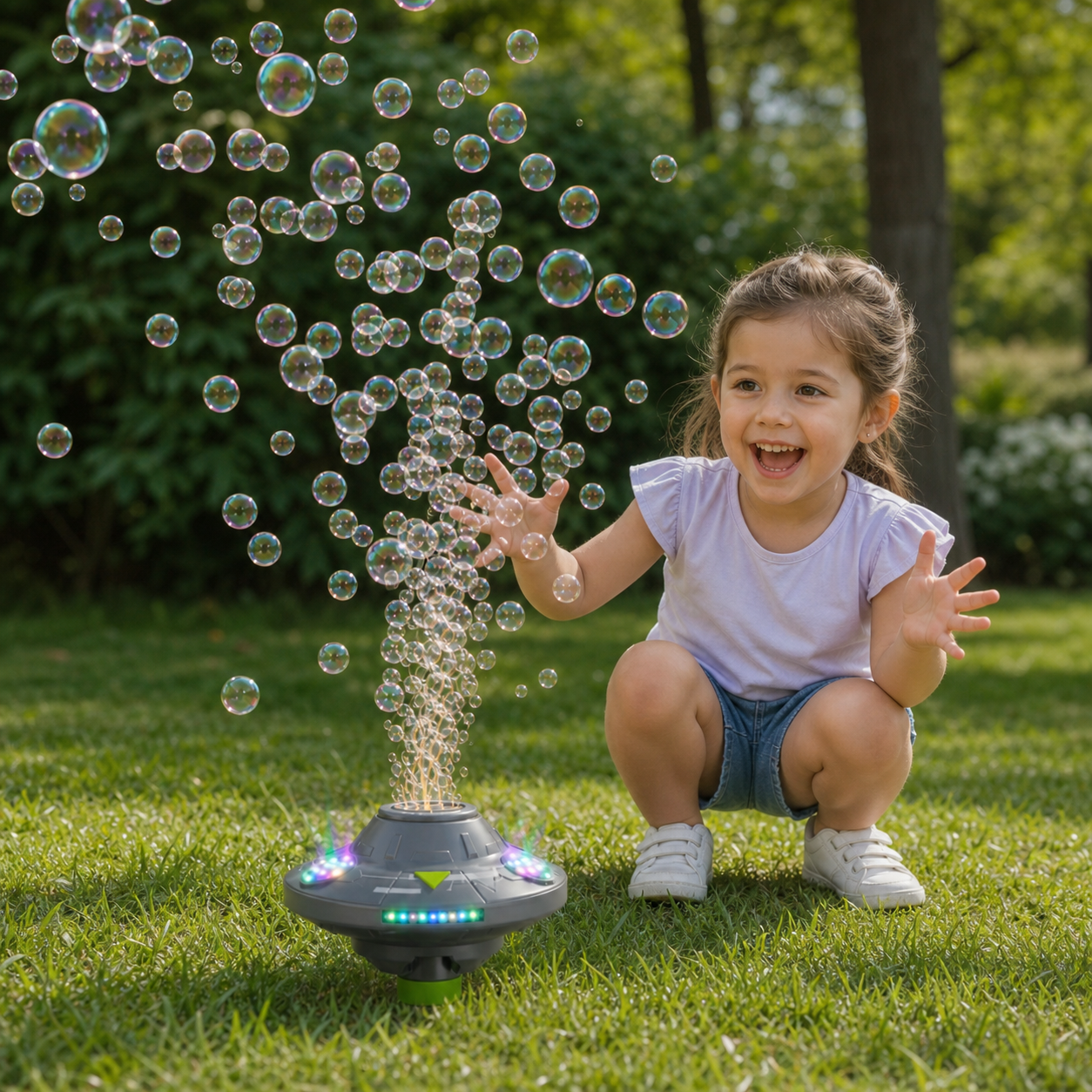 Light-Up UFO Bubble Machine for Kids – Rechargeable Spinning Bubble Blaster with LED Effects