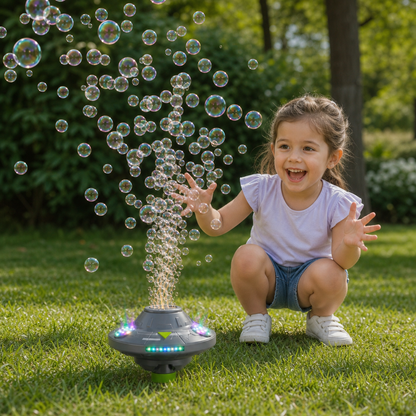 Light-Up UFO Bubble Machine for Kids – Rechargeable Spinning Bubble Blaster with LED Effects