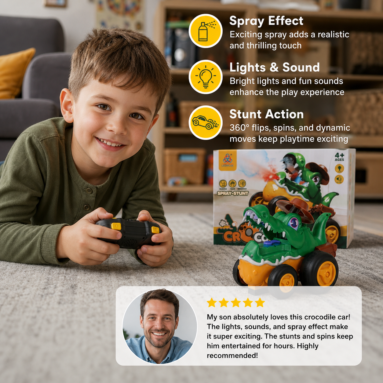 Remote Control Crocodile Stunt Car – Lights, Spray & Sound Effects
