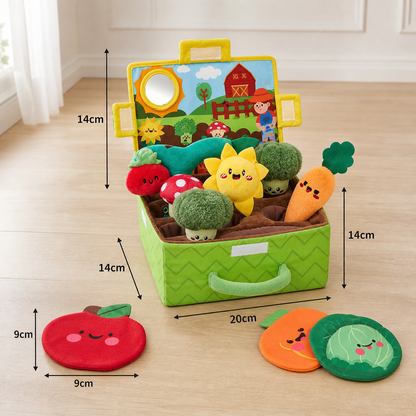 Montessori Garden Sensory Toy for Babies – Plush Fruit & Vegetable Set with Rattle, Mirror & Squeaker