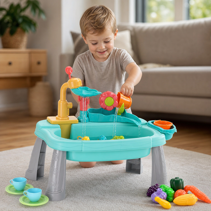 Ergonomic Elevated Kids Kitchen Sink Playset with Electric Running Water
