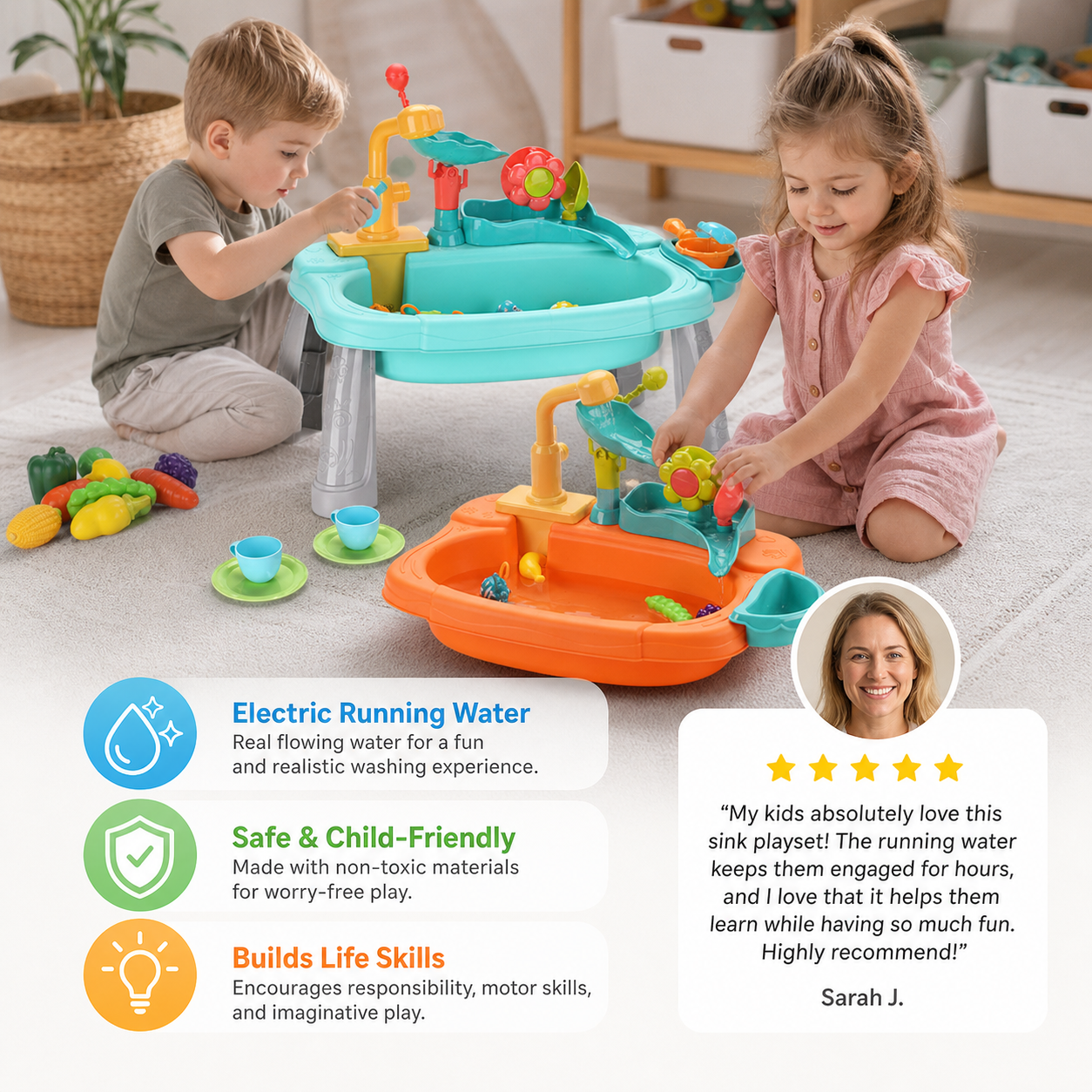 Ergonomic Elevated Kids Kitchen Sink Playset with Electric Running Water