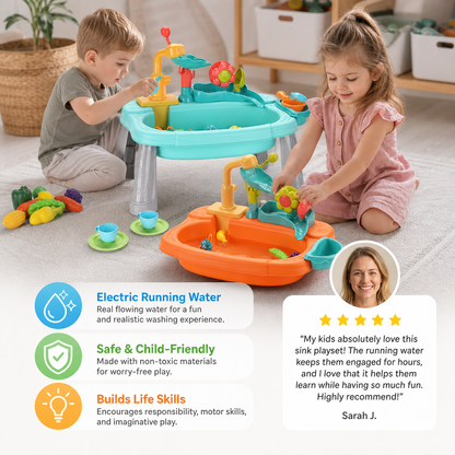 Ergonomic Elevated Kids Kitchen Sink Playset with Electric Running Water