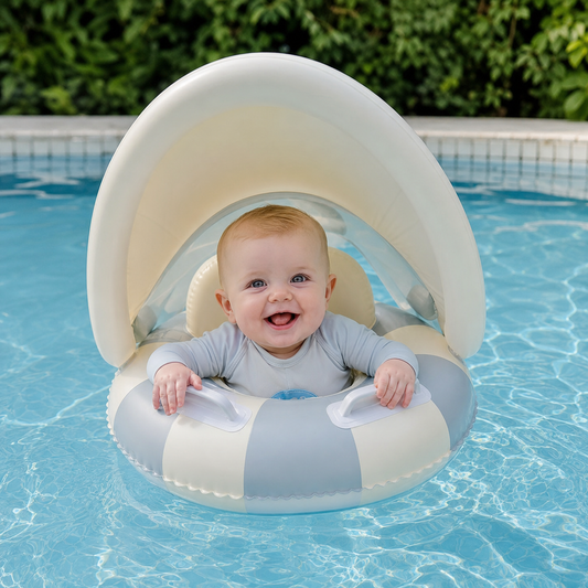 Inflatable Retro Striped Baby Swim Ring with Removable Sun Canopy – Secure Seat for 6–36 Months