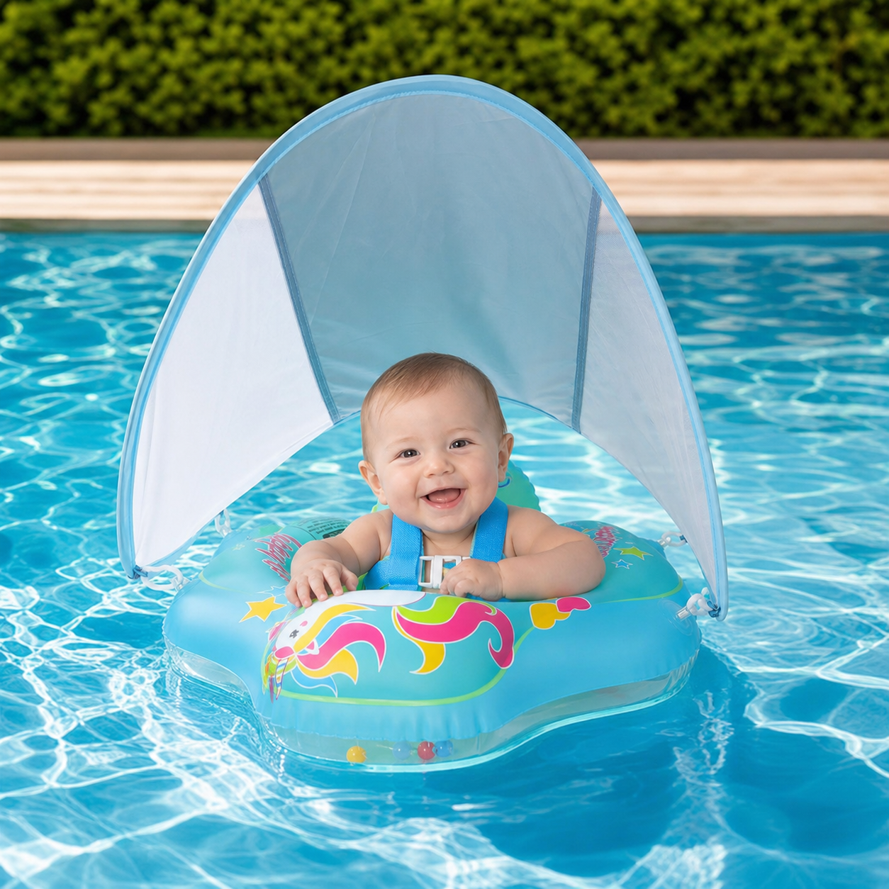 Baby Swim Float with Sun Canopy & Safety Seat – Inflatable Pool Float for Babies