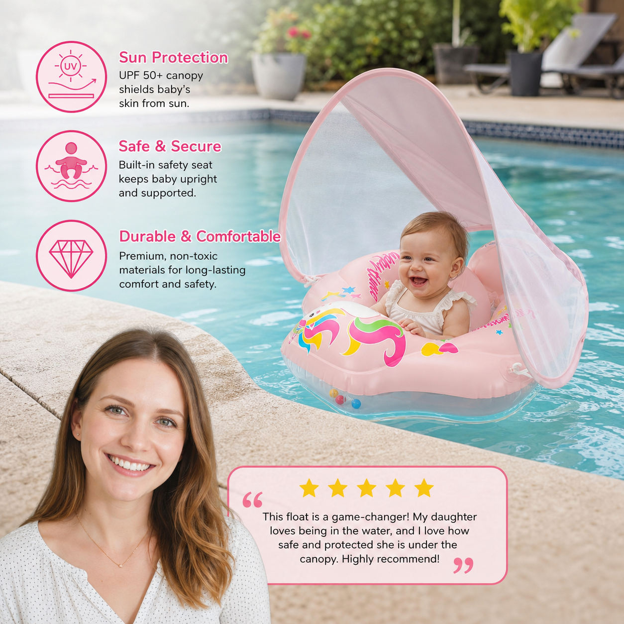 Baby Swim Float with Sun Canopy & Safety Seat – Inflatable Pool Float for Babies
