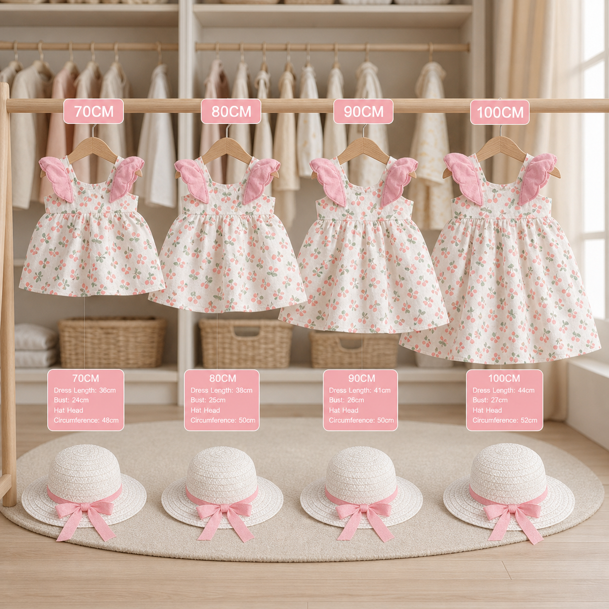 Summer 2-Piece Girls Dress Set – Cherry Print Korean Style Dress with Straw Hat