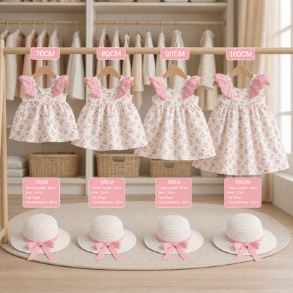 Summer 2-Piece Girls Dress Set – Cherry Print Korean Style Dress with Straw Hat