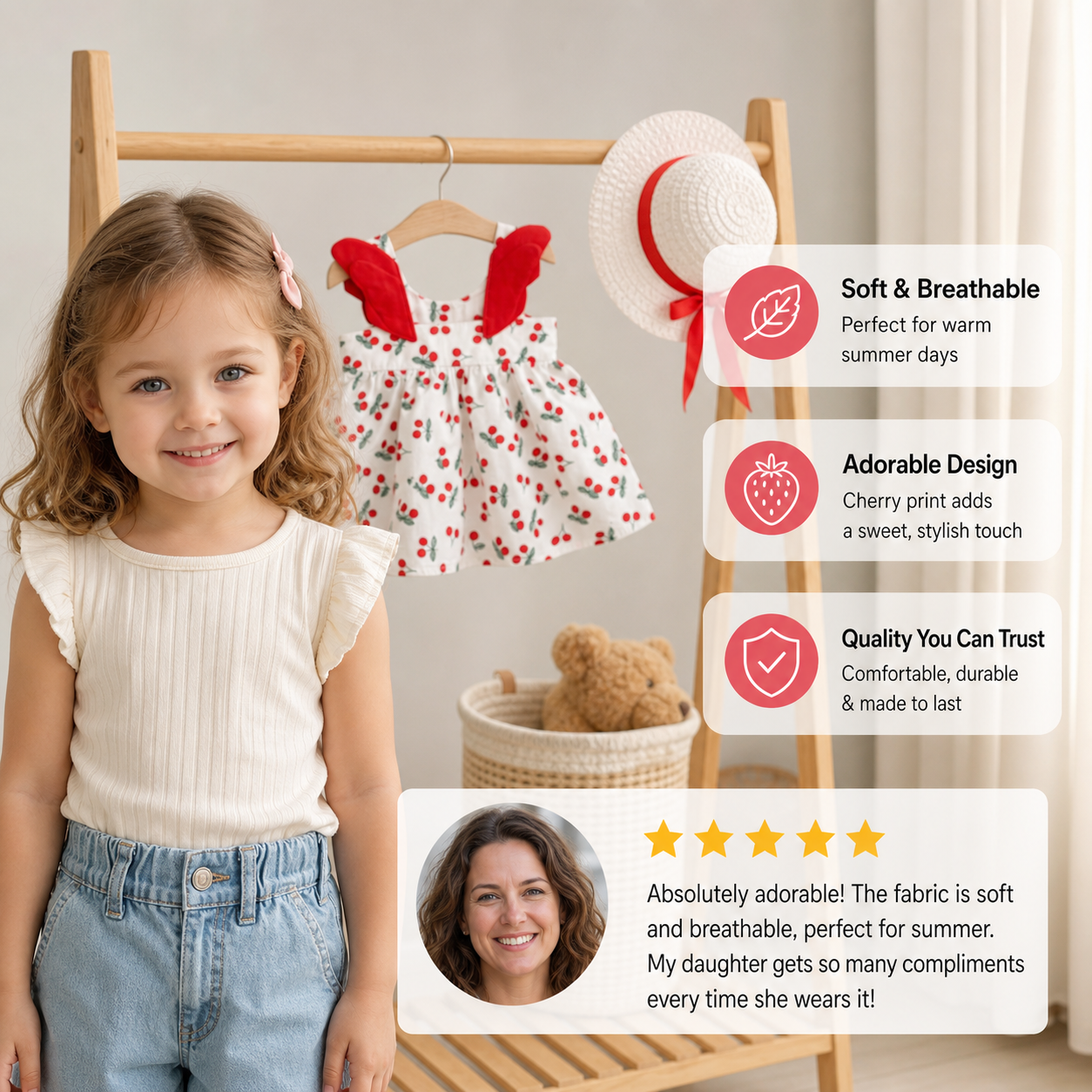 Summer 2-Piece Girls Dress Set – Cherry Print Korean Style Dress with Straw Hat