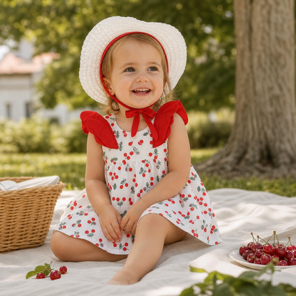 Summer 2-Piece Girls Dress Set – Cherry Print Korean Style Dress with Straw Hat