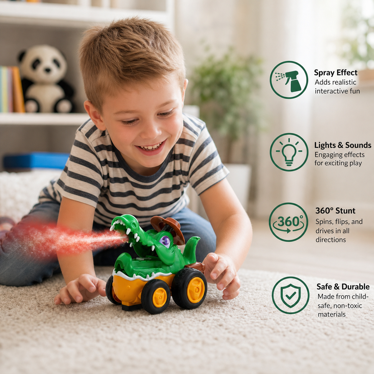 Remote Control Crocodile Stunt Car – Lights, Spray & Sound Effects