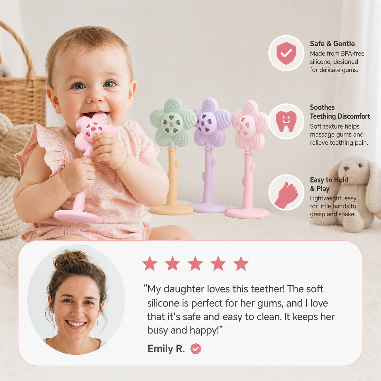 Flower Silicone Teether & Rattle – Gentle BPA-Free Teething Toy for Babies