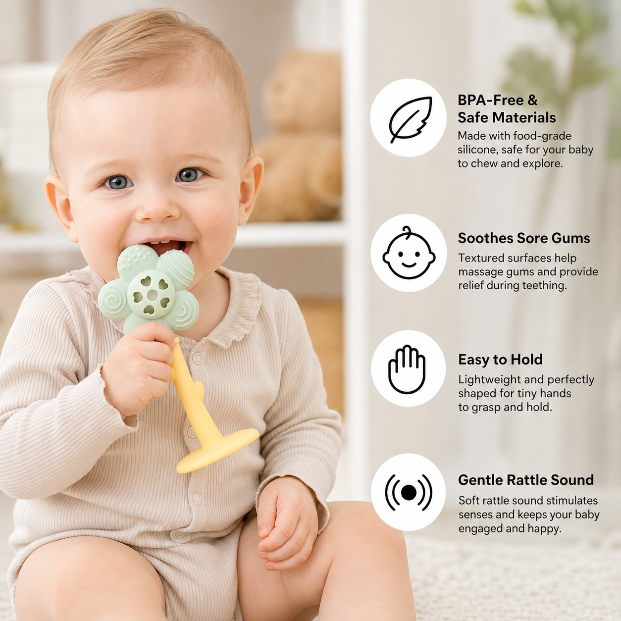 Flower Silicone Teether & Rattle – Gentle BPA-Free Teething Toy for Babies