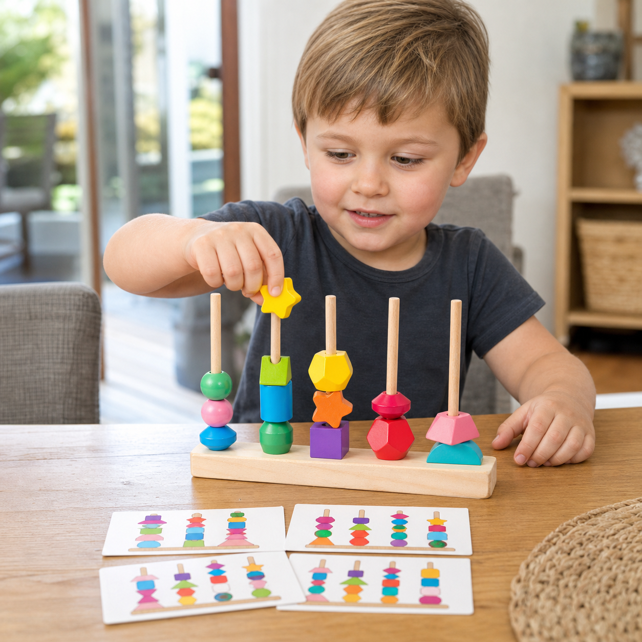 Wooden Montessori colors and shapes thread toy