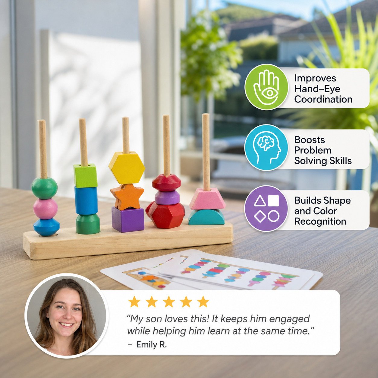 Wooden Montessori colors and shapes thread toy