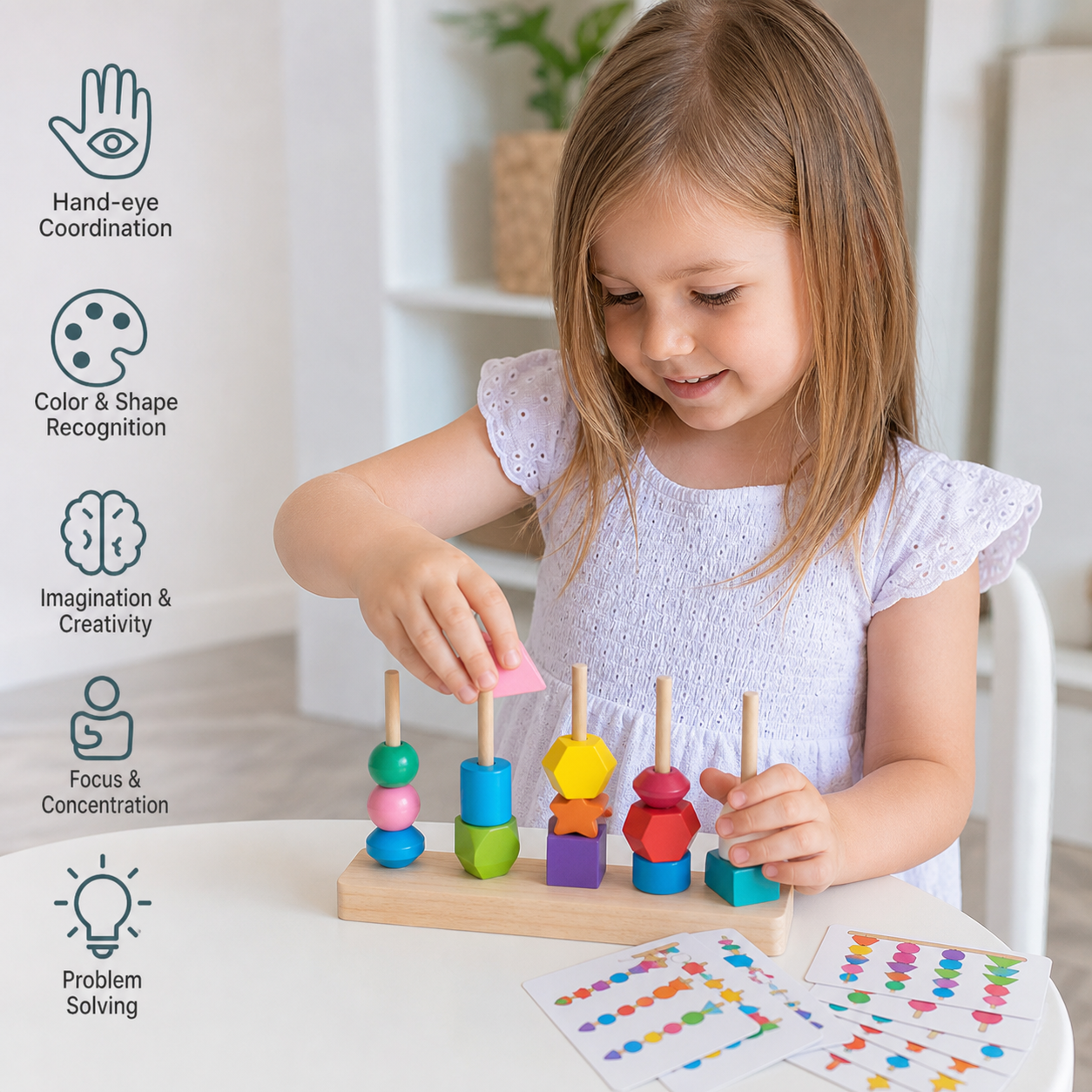 Wooden Montessori colors and shapes thread toy