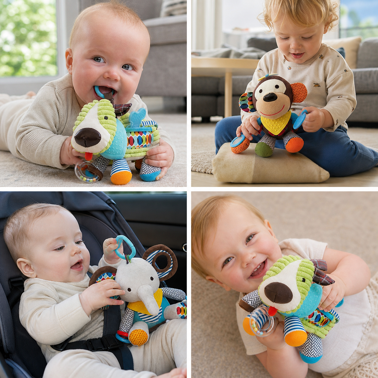 Sensory baby plush toy with rattle and silicone attachment for teething