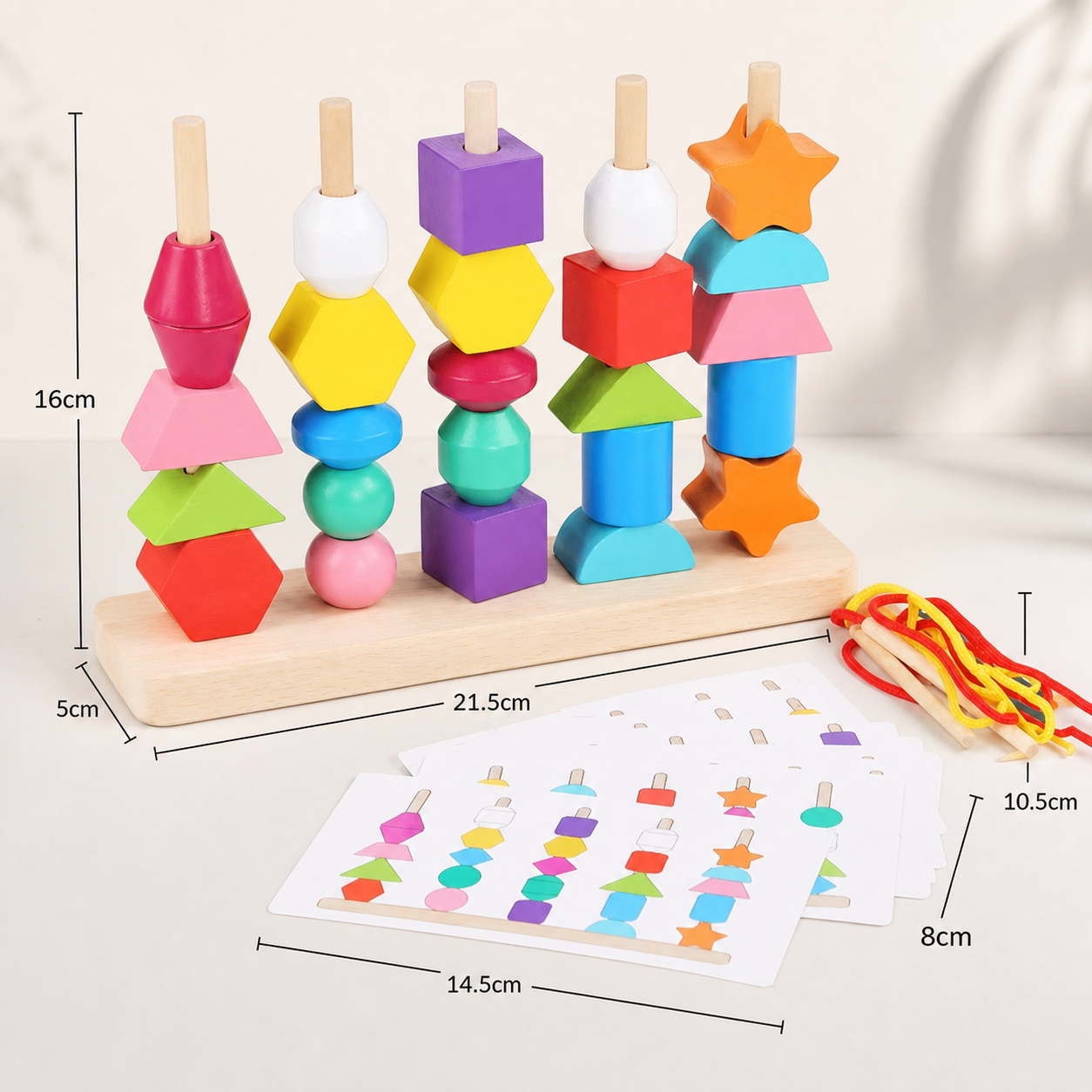 Wooden Montessori colors and shapes thread toy