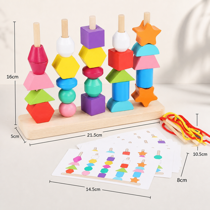 Wooden Montessori colors and shapes thread toy