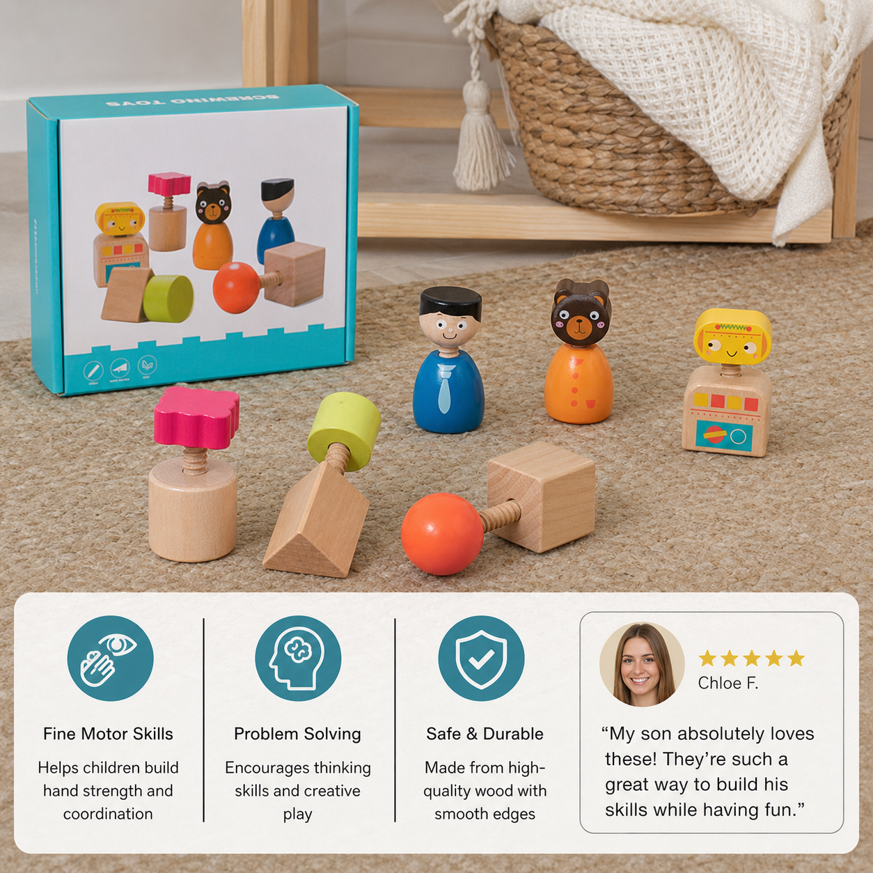 Montessori Screw Figures Game Made of Wood