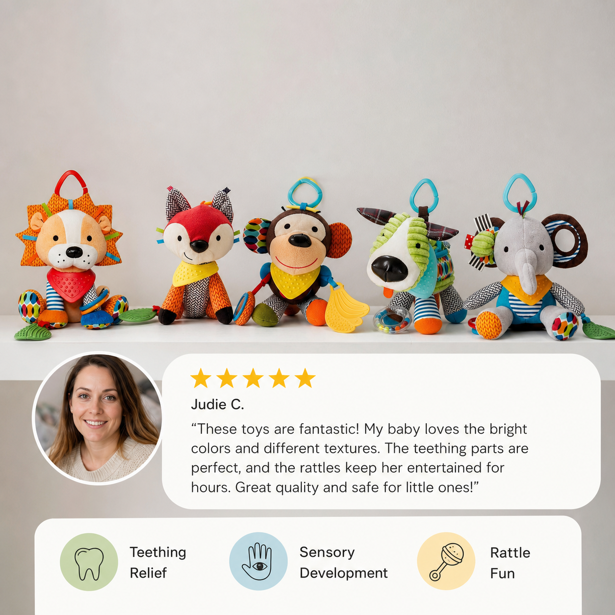 Sensory baby plush toy with rattle and silicone attachment for teething