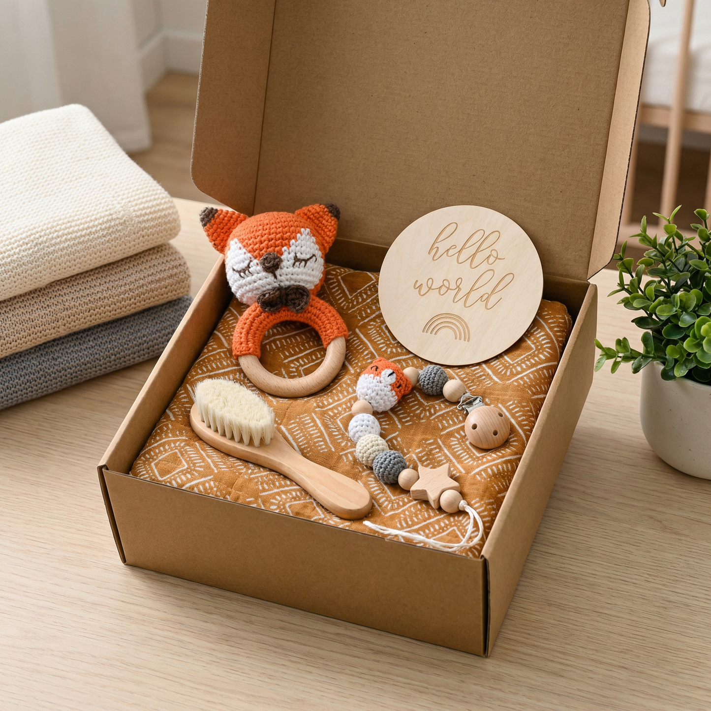 Newborn Gift Box – Crochet Animal Rattle, Wooden Toy, Muslin Blanket & Pacifier Clip