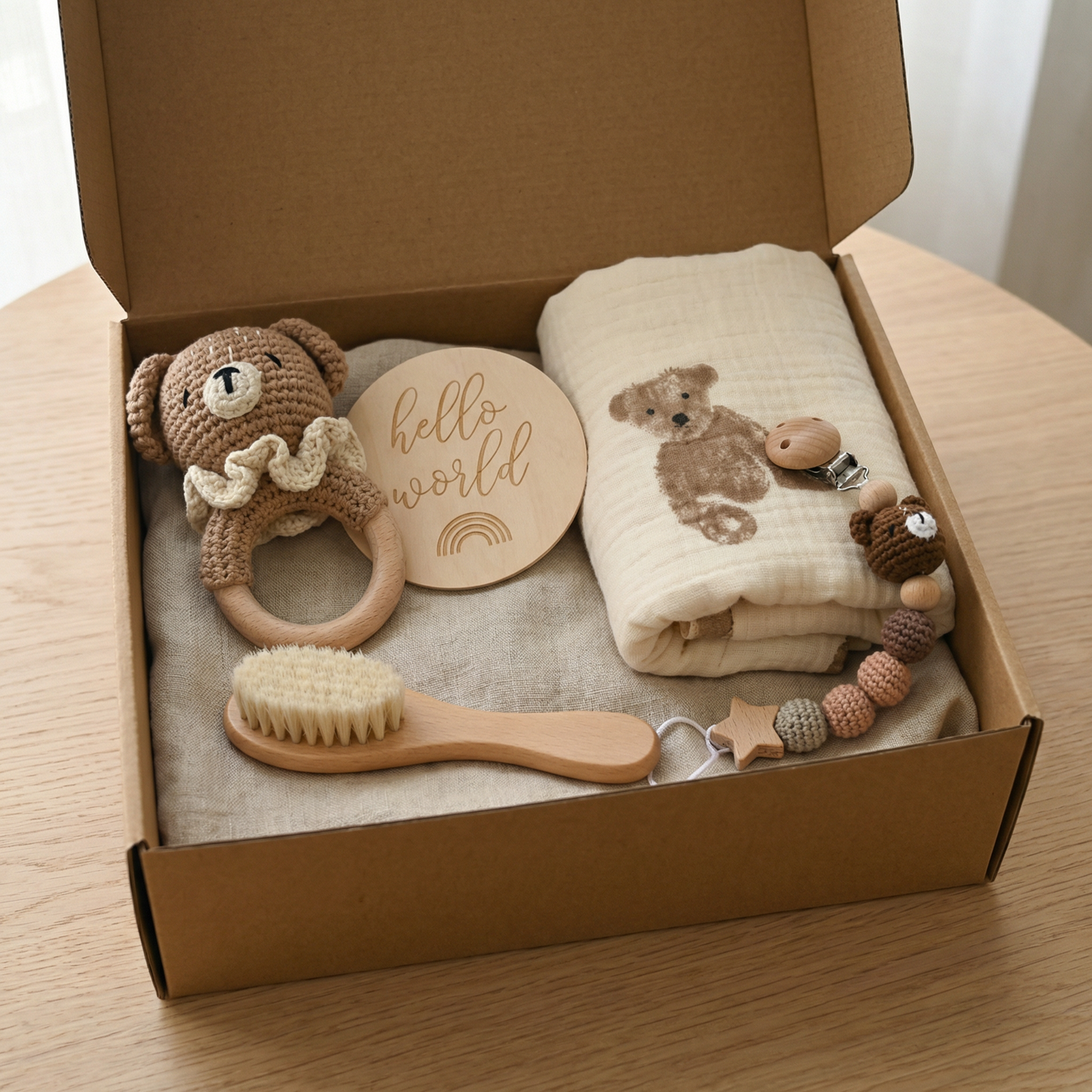 Newborn Gift Box – Crochet Animal Rattle, Wooden Toy, Muslin Blanket & Pacifier Clip