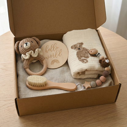 Newborn Gift Box – Crochet Animal Rattle, Wooden Toy, Muslin Blanket & Pacifier Clip