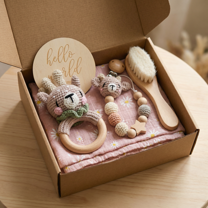 Newborn Gift Box – Crochet Animal Rattle, Wooden Toy, Muslin Blanket & Pacifier Clip