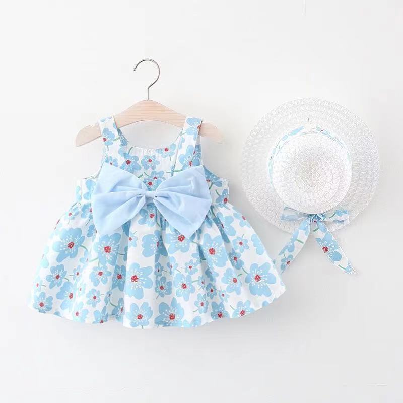 Korean Style 2-Piece Girls Dress Set – Floral Bow Strap Dress with Matching Hat