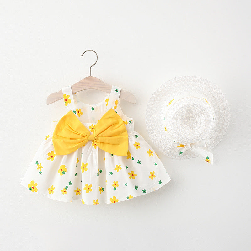 Korean Style 2-Piece Girls Dress Set – Floral Bow Strap Dress with Matching Hat