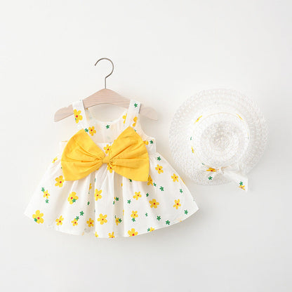 Korean Style 2-Piece Girls Dress Set – Floral Bow Strap Dress with Matching Hat