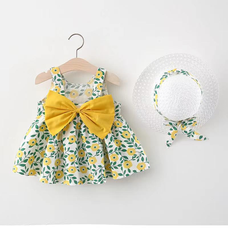Korean Style 2-Piece Girls Dress Set – Floral Bow Strap Dress with Matching Hat
