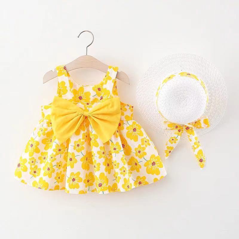 Korean Style 2-Piece Girls Dress Set – Floral Bow Strap Dress with Matching Hat