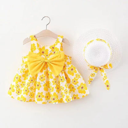 Korean Style 2-Piece Girls Dress Set – Floral Bow Strap Dress with Matching Hat