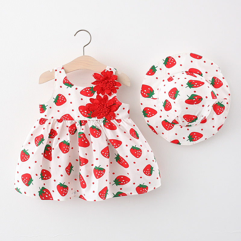 Summer 2-Piece Girls Dress Set – Sleeveless Strawberry Print Dress with Matching Hat