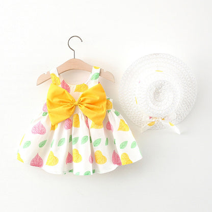 Korean Style 2-Piece Girls Dress Set – Floral Bow Strap Dress with Matching Hat