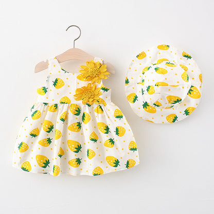Summer 2-Piece Girls Dress Set – Sleeveless Strawberry Print Dress with Matching Hat